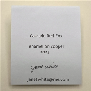 “Cascade Red Fox” enamel on copper studio button by Janet White.