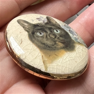 Ceramic studio button of a cat by Stella Rzanski. 