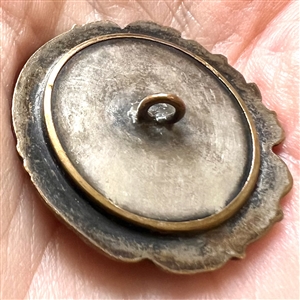 Shell set in brass button with elaborate pictorial border.