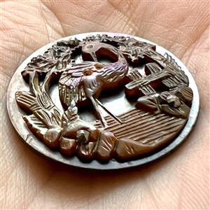 Carved shell button of a crane on shell.
