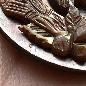 Carved shell button of a crane on shell.