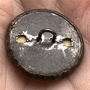 Tintype button of a girl kissing a bird.