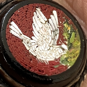 Italian micro mosaic of dove with olive branch button.