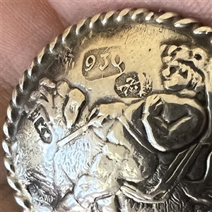 Unusual Hallmarked silver button of a man walking a dog.