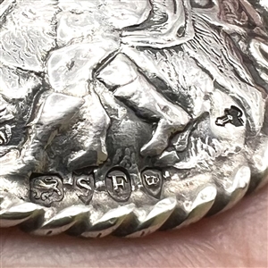 Unusual Hallmarked silver button of a man walking a dog.