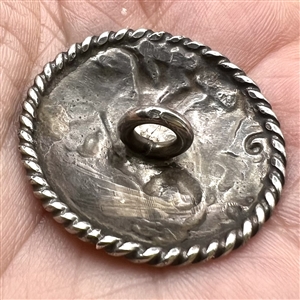 Unusual Hallmarked silver button of a man walking a dog.