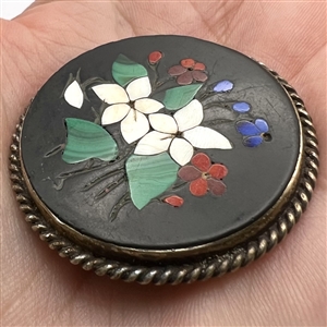 A 19th c. Pietra Dura set in silver button of flowers. 