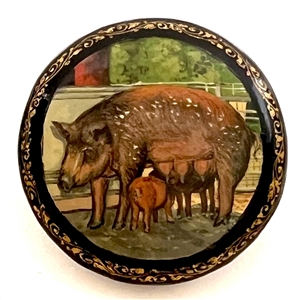 Russian Lacquerware button of mamma pig and piglets.