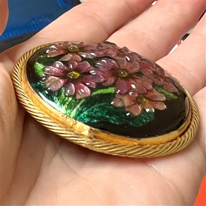 Huge French Limoges enamel set in gilded metal with counter enamel back button.