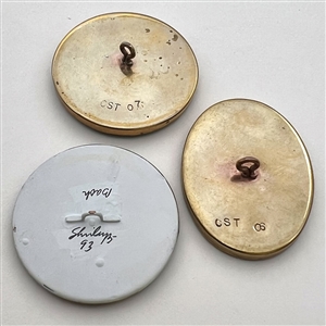 Three studio buttons of famous people under resin.