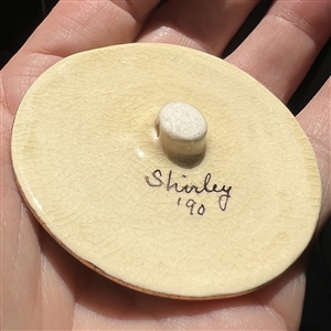 Huge ceramic button of birds by Shirley.