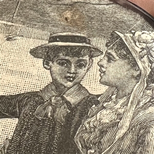 Woman and boy paper under plastic button.
