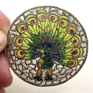 Extra large modern plique-a-jour peacock button.