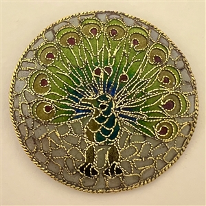 Extra large modern plique-a-jour peacock button.