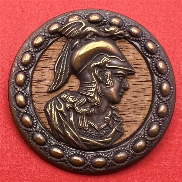 Stamped brass button of Minerva with wood background.