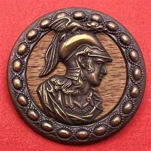 Stamped brass button of Minerva with wood background.
