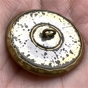 Iridescent shell button with birds on a branch.