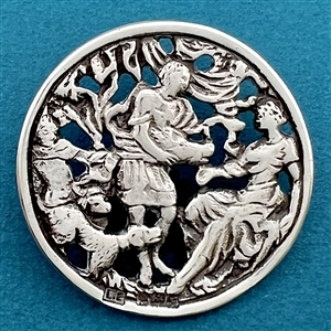 Hallmarked silver button of people with dogs.