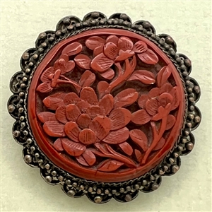 Chinese cinnabar set in silver button of peonies 