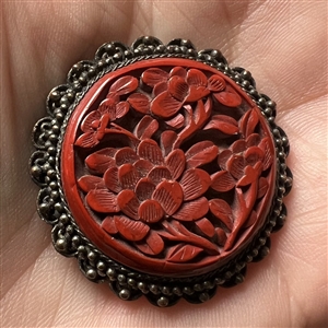 Chinese cinnabar set in silver button of peonies 