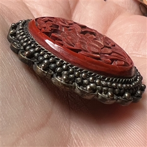Chinese cinnabar set in silver button of peonies 