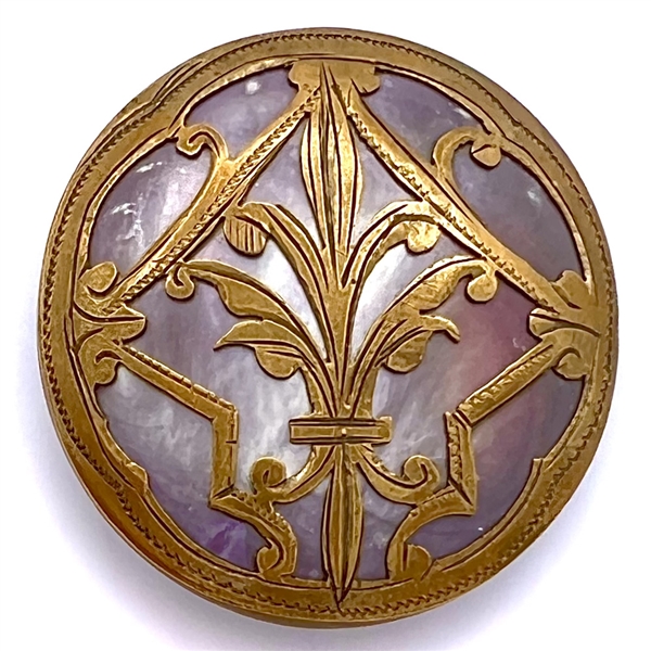 Iridescent brown pearl button with stylized brass fleur-de-lis design.