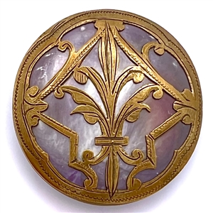 Iridescent brown pearl button with stylized brass fleur-de-lis design.