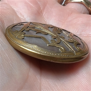 Iridescent brown pearl button with stylized brass fleur-de-lis design.