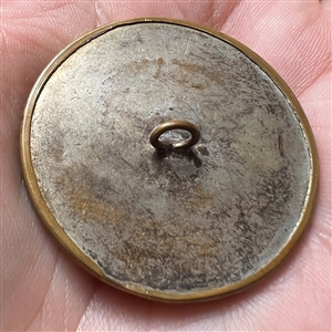 Iridescent brown pearl button with stylized brass fleur-de-lis design.