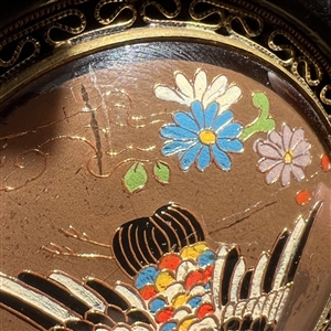 HUGE wood button with a crane under glass.