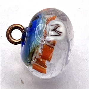 Mary Gaumond studio glass button of fish in a fishbowl.