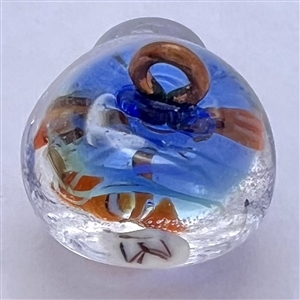 Mary Gaumond studio glass button of fish in a fishbowl.