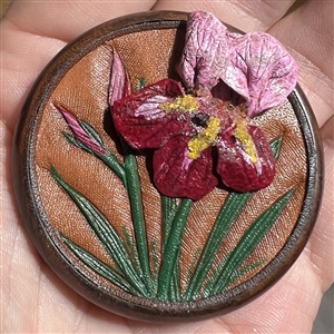 Extra large Nancy DuBois leather studio button of bearded iris.