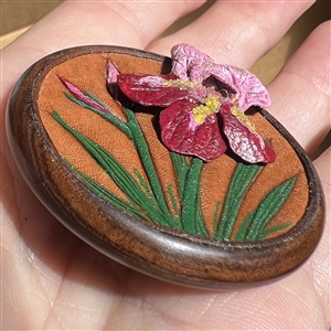 Extra large Nancy DuBois leather studio button of bearded iris.