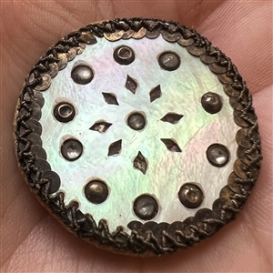 An 18th c. Fabric with pearl face button with glass and metal OME.