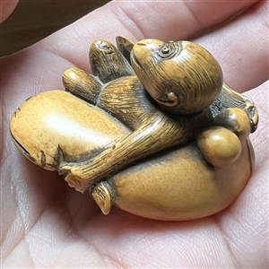 Monkey holding a fish netsuke.