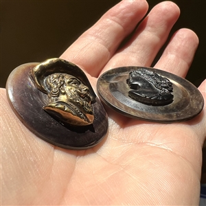 Two smoky pearl buttons of heads.