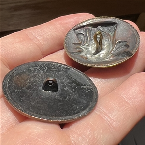 Two metal buttons of birds.