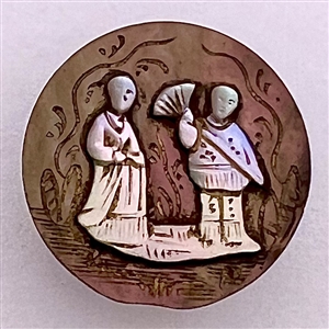 Iridescent pearl of Asian couple over smoky pearl button.