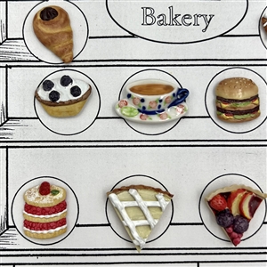 Card of twenty one ceramic buttons of bakery items.