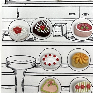 Card of twenty one ceramic buttons of bakery items.