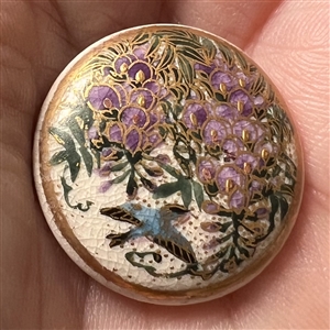 Satsuma button of a bird flying under Wisteria.