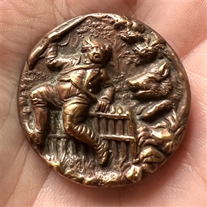 Brass button of hunter being chased by a boar.