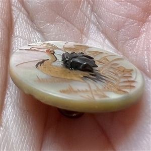 Shell button of a water bird with metal fly.