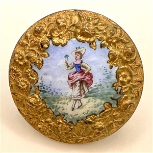A 19th c. painted enamel button “Lady holding a sprig of flowers”