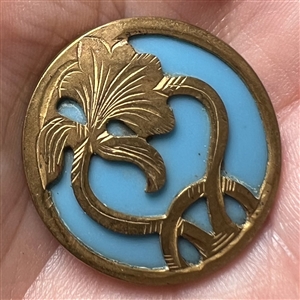 Turquoise glass set in brass button of an Art Nouveau iris.