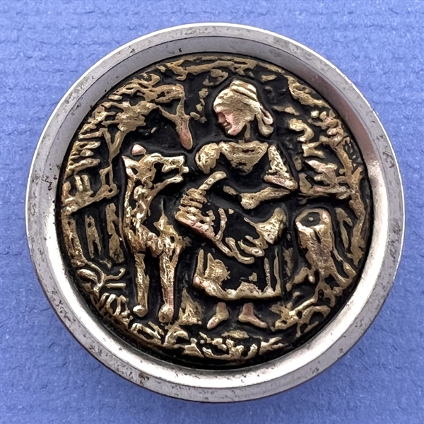 Large “Red Riding Hood and the Wolf” brass in metal button.
