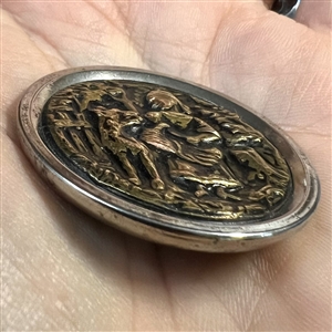 Large “Red Riding Hood and the Wolf” brass in metal button.
