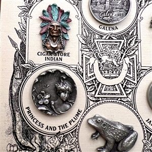 Set of nine Battersea pewter buttons on original sample card.
