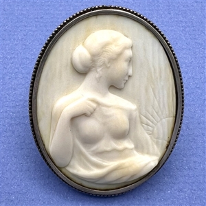 Cameo carved natural material set in silver button.